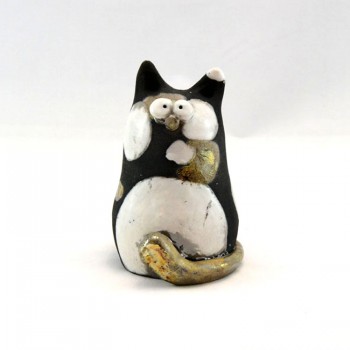 Gatto in ceramica raku bianco e nero